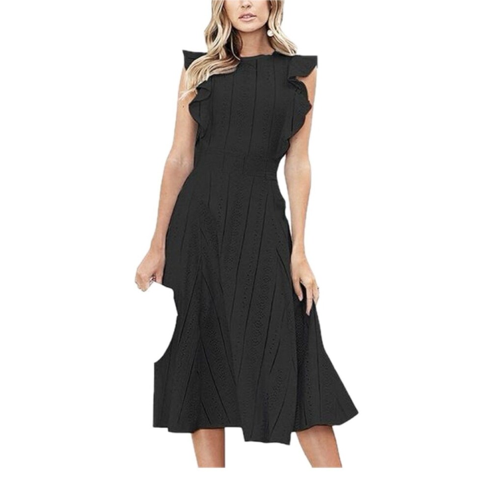 NWT Ecowish Women's 100% Cotton Black Eyelet Lace Detail Ruffle Midi Dress M